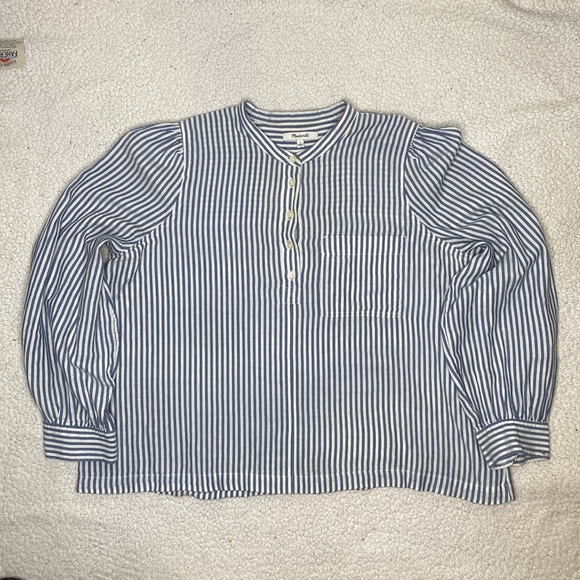 Madewell Puff-Sleeve Popover Railroad Stripe Shirt: Size Large - Picture 1 of 11